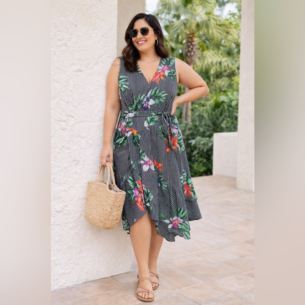 Who What Wear Tropical Floral Striped Midi Dress XL Sleeveless